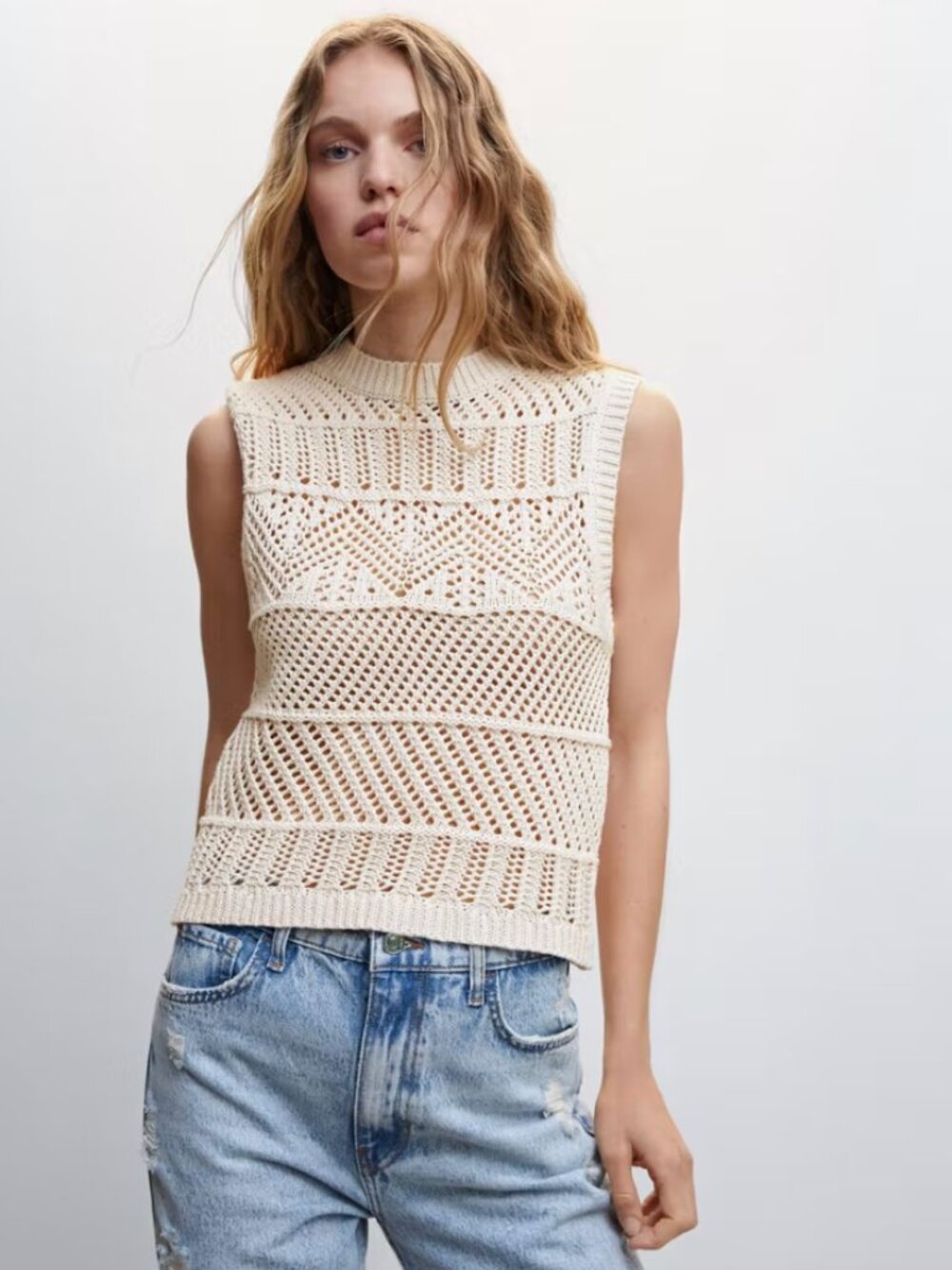 Mango Openwork Knit Cotton Top Size L In Cream